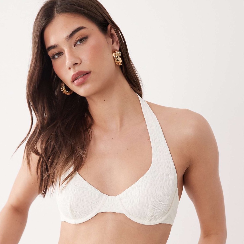 Free Society Cream Textured Crinkle Underwire Halter Bikini Top XS NEW